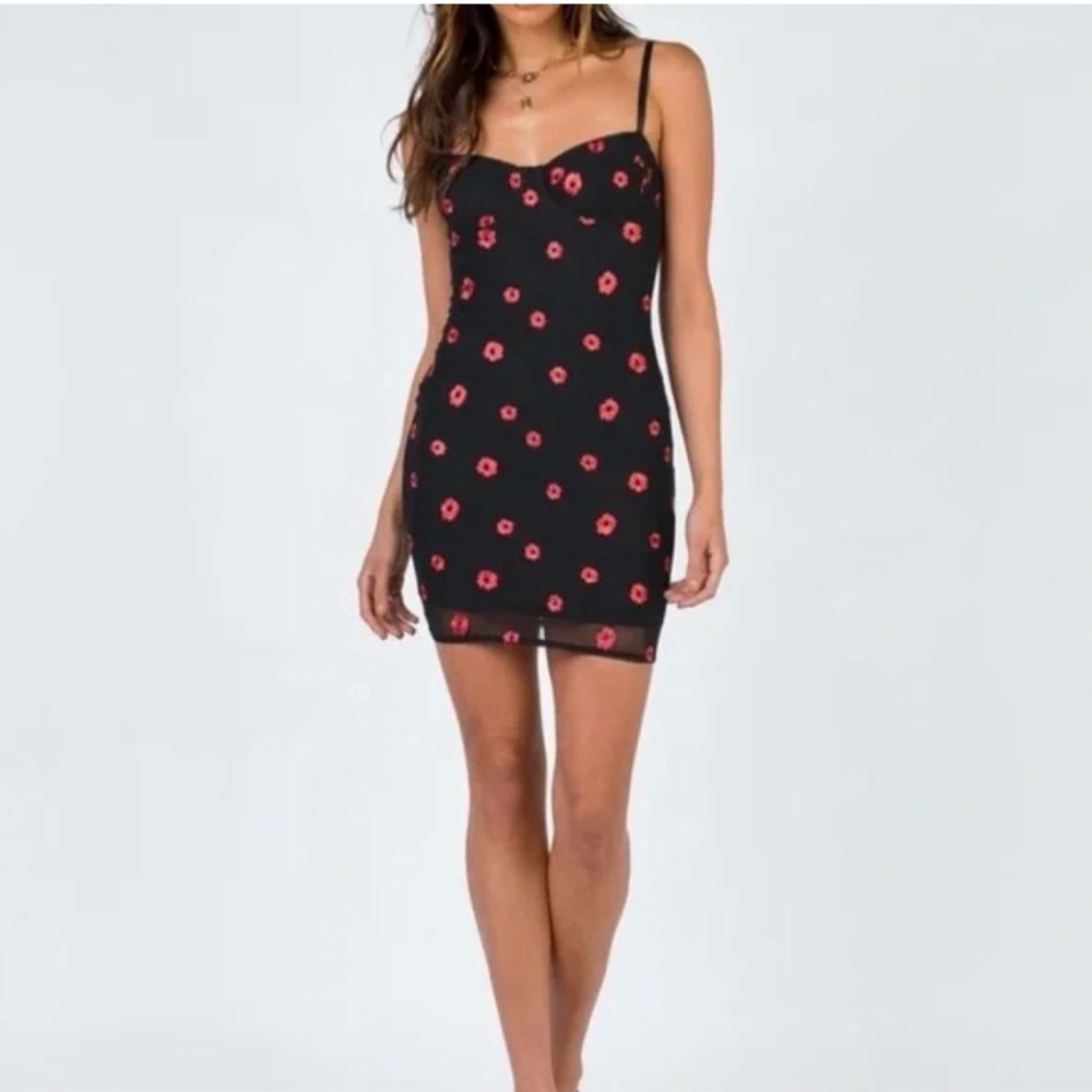 Princess Polly Black and red Mini Dress with Red Floral Design